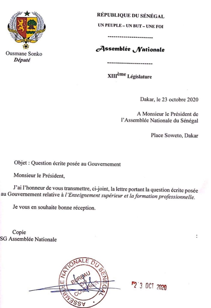 Vente de biens publics et gestion de l’Enseignement Supérieur : Ousmane Sonko écrit encore au Gouvernement. Vente de biens publics et gestion de l’Enseignement Supérieur : Ousmane Sonko écrit encore au Gouvernement.