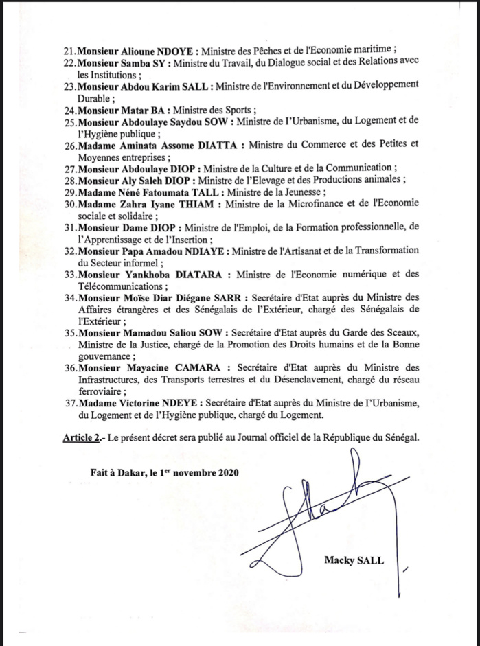 SÉNÉGAL : Voici la liste complète des membres du nouveau Gouvernement du président Macky Sall (DOCUMENT)