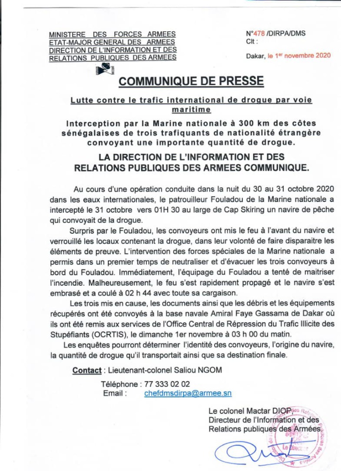 Trafic international de drogue par voie maritime : La Marine nationale arrête 3 personnes. (DOCUMENT)