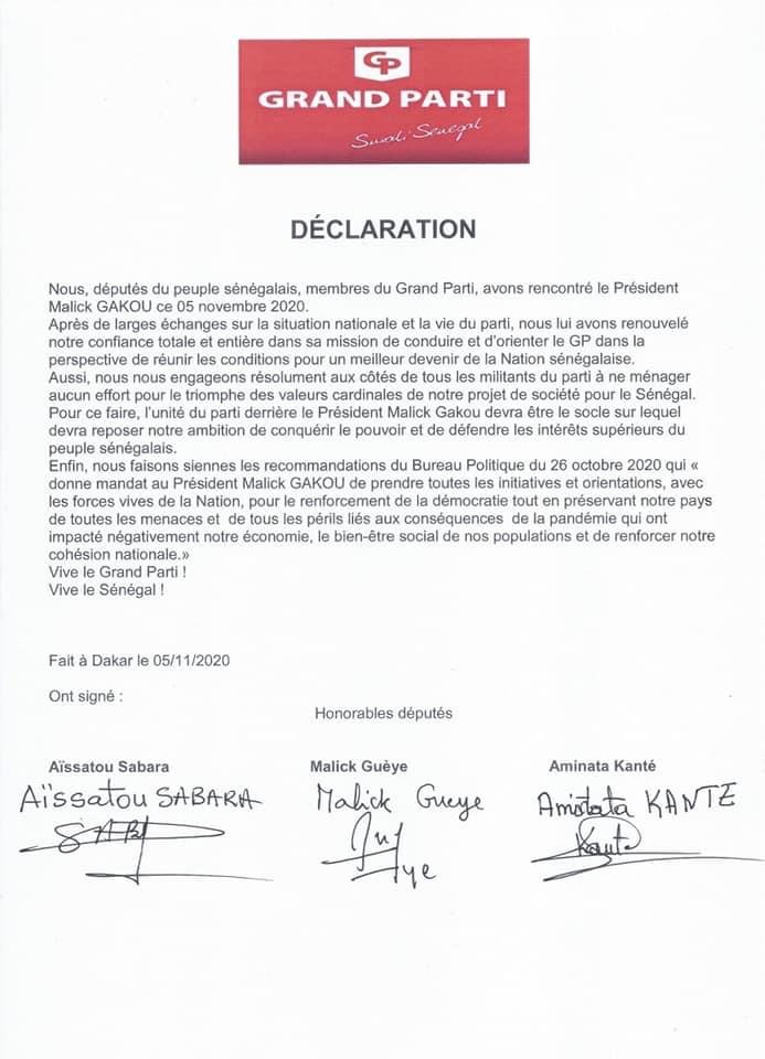 Politique : Les députés du Grand Parti se rangent derrière Malick Gackou et lui donnent mandat pour toutes initiatives et orientations pour le renforcement de la démocratie. Politique : Les députés du Grand Parti se rangent derrière Malick Gackou et lui donnent mandat pour toutes initiatives et orientations pour le renforcement de la démocratie.