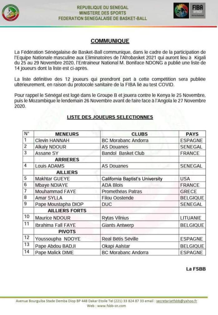 Éliminatoires Afrobasket 2021 : Boniface Ndong réduit sa liste à 14 joueurs, Gorgui Sy Dieng et Tacko Fall absents...