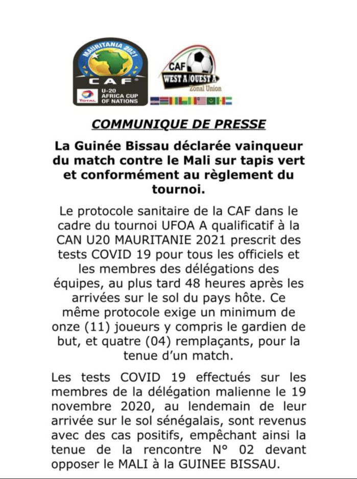 UFOA U20 : La Guinée Bissau déclarée vainqueur contre le Mali sur tapis vert à cause de la Covid-19.