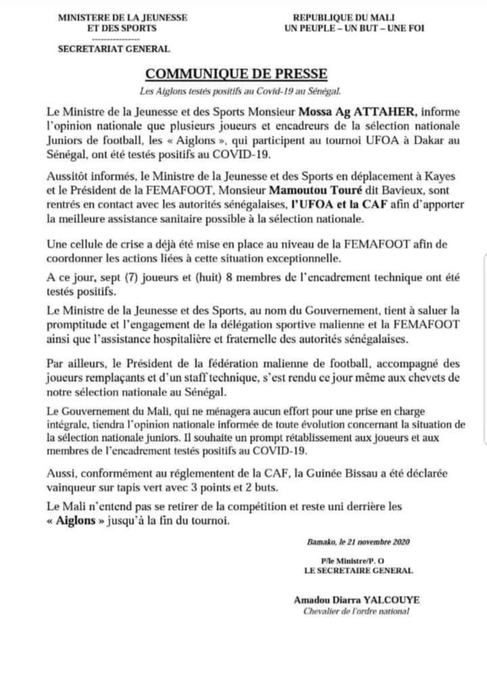 UFOA U20 : Le ministère des Sports Malien confirme 15 cas de Covid-19 dont 7 joueurs et déploie une cellule de crise.
