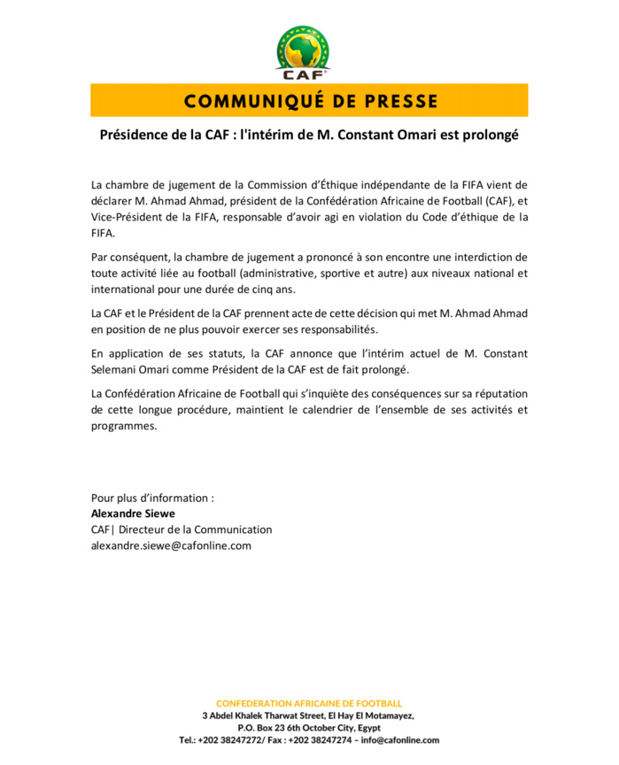 Présidence de la CAF : conséquences de la suspension d'Ahamd Ahmad, Constant Omari continue l'intérim (document)