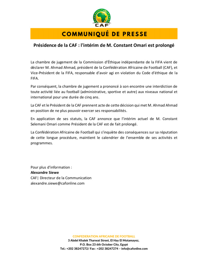 Présidence de la CAF : conséquences de la suspension d'Ahamd Ahmad, Constant Omari continue l'intérim (document)