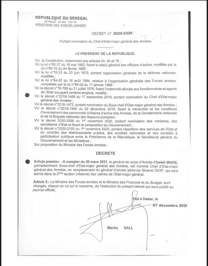 ARMÉE SÉNÉGALAISE : Le Général Cheikh Wade nommé CEMGA. (DÉCRET) ARMÉE SÉNÉGALAISE : Le Général Cheikh Wade nommé CEMGA. (DÉCRET)