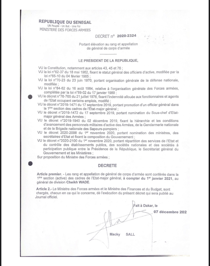 ARMÉE SÉNÉGALAISE : Le Général Cheikh Wade nommé CEMGA. (DÉCRET) ARMÉE SÉNÉGALAISE : Le Général Cheikh Wade nommé CEMGA. (DÉCRET)
