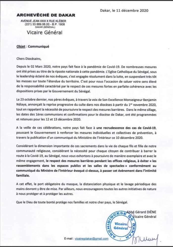 COVID-19 / Mesures du MINT : Les recommandations de l’Eglise Sénégalaise aux fidèles.  (DOCUMENT)