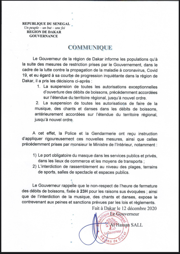 Mesures contre la COVID-19 : Le Gouverneur de Dakar corse les choses et avertit les récalcitrants. (DOCUMENT)