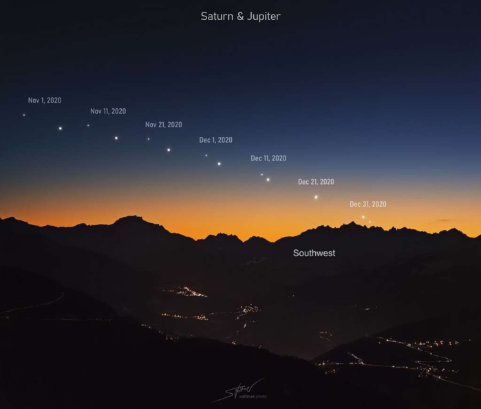 Phénomène rare : La grande conjonction observable entre les planètes Jupiter et Saturne se produira le 21 décembre. Phénomène rare : La grande conjonction observable entre les planètes Jupiter et Saturne se produira le 21 décembre.