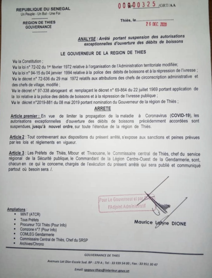 Covid-19 à Thiès : Le Gouverneur ferme les débits de boissons... (DOCUMENT) Covid-19 à Thiès : Le Gouverneur ferme les débits de boissons... (DOCUMENT)