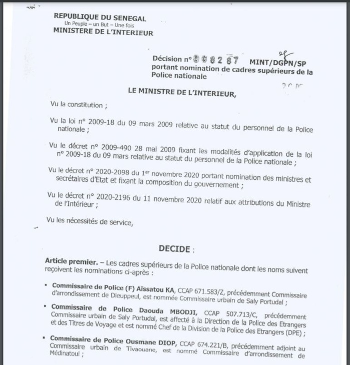 Police: Antoine installe ses hommes 2 Mouvements au sein de la Police : Antoine Diome promeut plusieurs adjoints aux commissaires