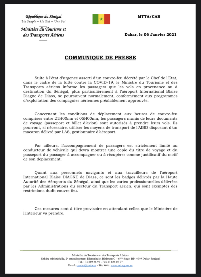 Couvre-feu : les vols en provenance ou à destination du Sénégal se poursuivent. (DOCUMENT)