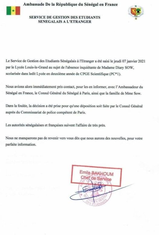 Disparition de Diary Sow : Les autorités sénégalaises et françaises suivent l’affaire de très près...