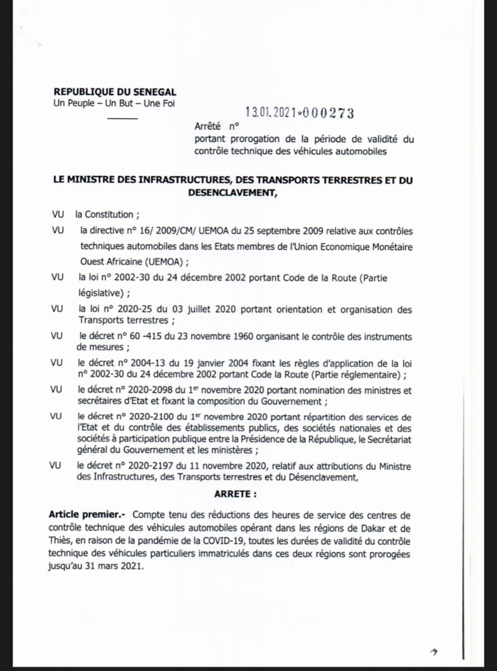 Sénégal : La durée de validité du contrôle des véhicules prolongée jusqu’au 31 mars 2021 (DOCUMENT) Sénégal : La durée de validité du contrôle des véhicules prolongée jusqu’au 31 mars 2021 (DOCUMENT)