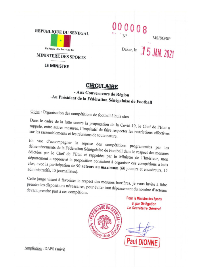 Football / Matches à huis clos : Le ministère des sports adresse une circulaire aux gouverneurs et présidents de clubs (Document) Football / Matches à huis clos : Le ministère des sports adresse une circulaire aux gouverneurs et présidents de clubs (Document)