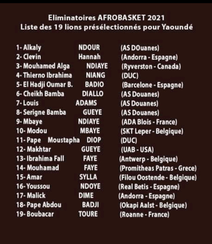 Éliminatoires Afrobasket masculin 2021 : 19 « Lions » présélectionnés pour la manche retour. Éliminatoires Afrobasket masculin 2021 : 19 « Lions » présélectionnés pour la manche retour.
