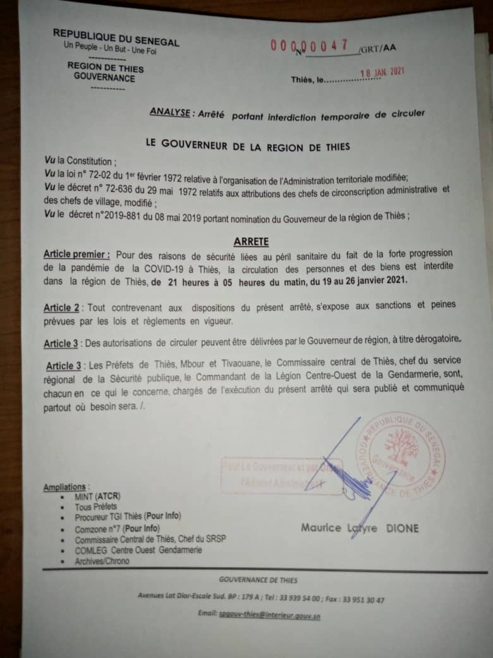 État d’urgence assorti de couvre-feu : Le Gouverneur de Thiès sort deux arrêtés. (DOCUMENTS)