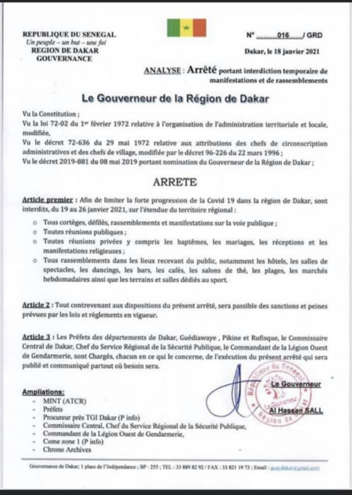 L’état d’urgence assorti d’un couvre-feu prorogé à Dakar : Le Gouverneur corse les mesures. (DOCUMENT) L’état d’urgence assorti d’un couvre-feu prorogé à Dakar : Le Gouverneur corse les mesures. (DOCUMENT)