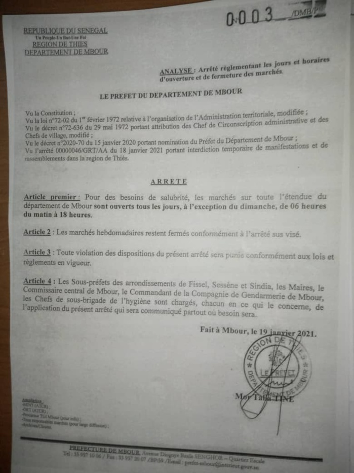 Thiès / Couvre-feu 2 ème vague : Cessation des activités de tous les marchés de Mbour, Thiès et Tivaouane à partir de 18 heures.