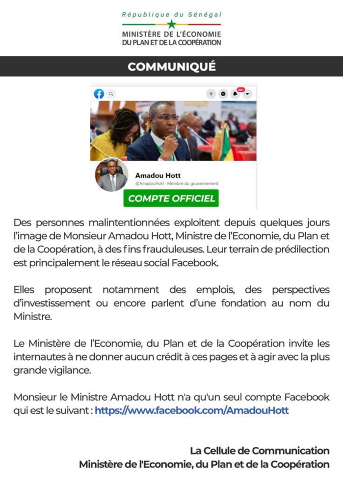 Alerte: Communiqué du Ministére de l'Economie, du Plan et de la Coopération. Alerte: Communiqué du Ministére de l'Economie, du Plan et de la Coopération.
