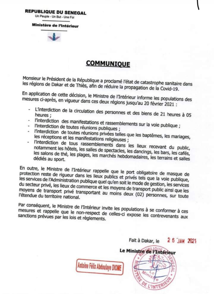 Sénégal : L’état de catastrophe assorti d'un couvre feu prorogé jusqu’au 20 février (MINISTRE DE L’INTÉRIEUR) Sénégal : L’état de catastrophe assorti d'un couvre feu prorogé jusqu’au 20 février (MINISTRE DE L’INTÉRIEUR)