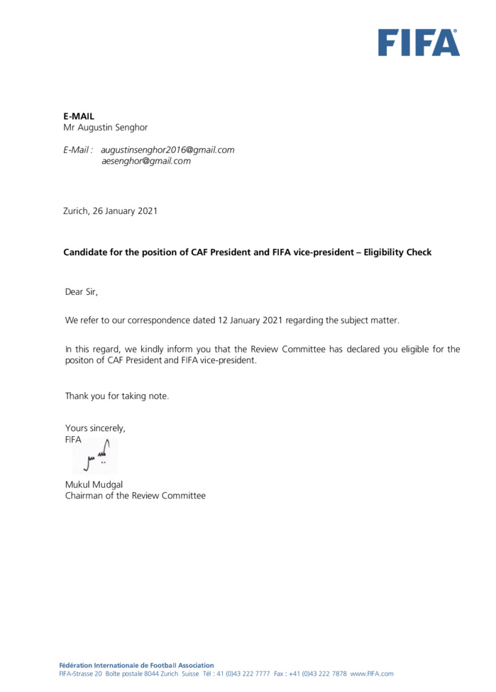 Présidence CAF : La candidature d'Augustin Senghor définitivement validée par la FIFA.