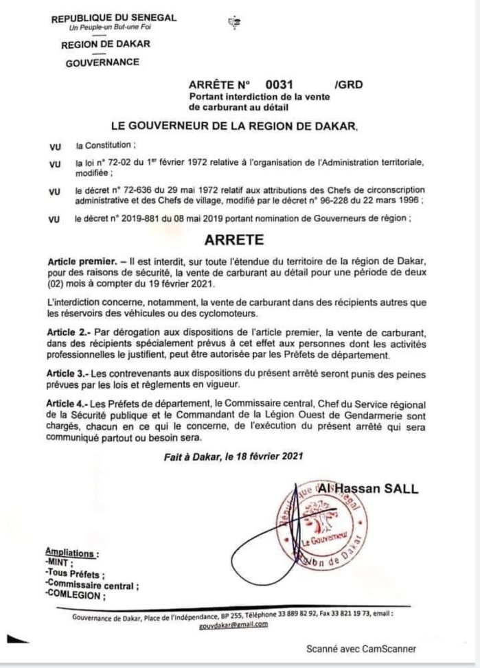 Sécurité Publique : Interdiction de la vente de carburant en détail à Dakar.