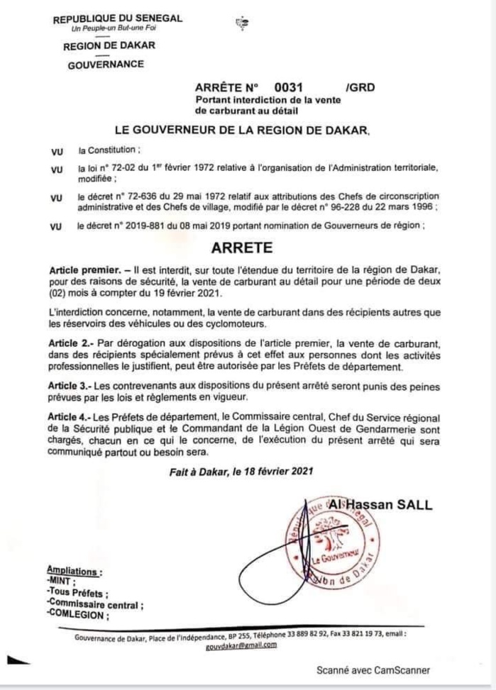 Sécurité Publique : Interdiction de la vente de carburant en détail à Dakar. Sécurité Publique : Interdiction de la vente de carburant en détail à Dakar.