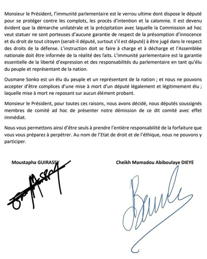 Assemblée nationale / Commission ad hoc chargée de levée l’immunité parlementaire de Ousmane Sonko : Moustapha Guirassy et Cheikh Bamba Dièye démissionnent. Assemblée nationale / Commission ad hoc chargée de levée l’immunité parlementaire de Ousmane Sonko : Moustapha Guirassy et Cheikh Bamba Dièye démissionnent.