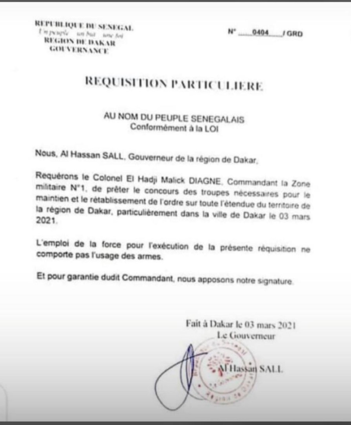 L’armée réquisitionnée 2 Ordre public : Le Gouverneur de Dakar demande l’intervention de l’armée.