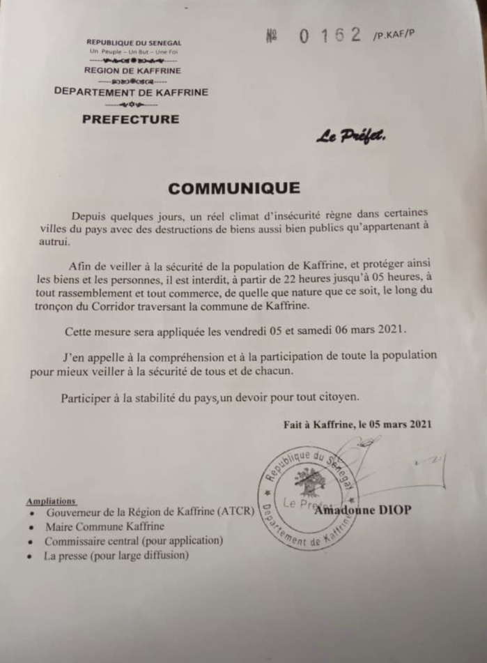 Kaffrine : Le préfet interdit tout rassemblement à partir de 22 heures jusqu'à 05 heures du matin (document).