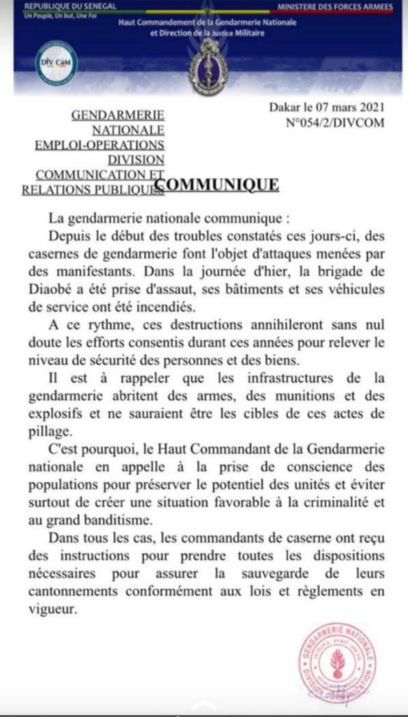Attaque de casernes : La Gendarmerie appelle à la prise de conscience pour éviter de créer une situation favorable à la criminalité 