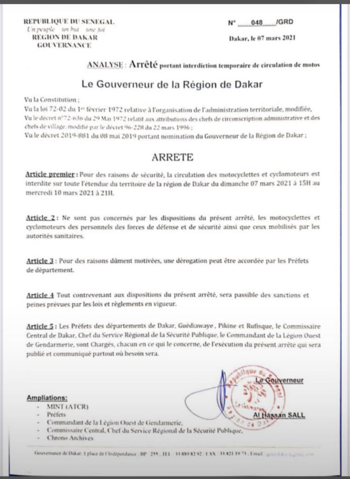 Dakar : Interdiction de la circulation des motocyclettes et cyclomoteurs à partir de ce dimanche à 15 heures jusqu’à mercredi 10 mars à 21 heures. (Gouverneur)