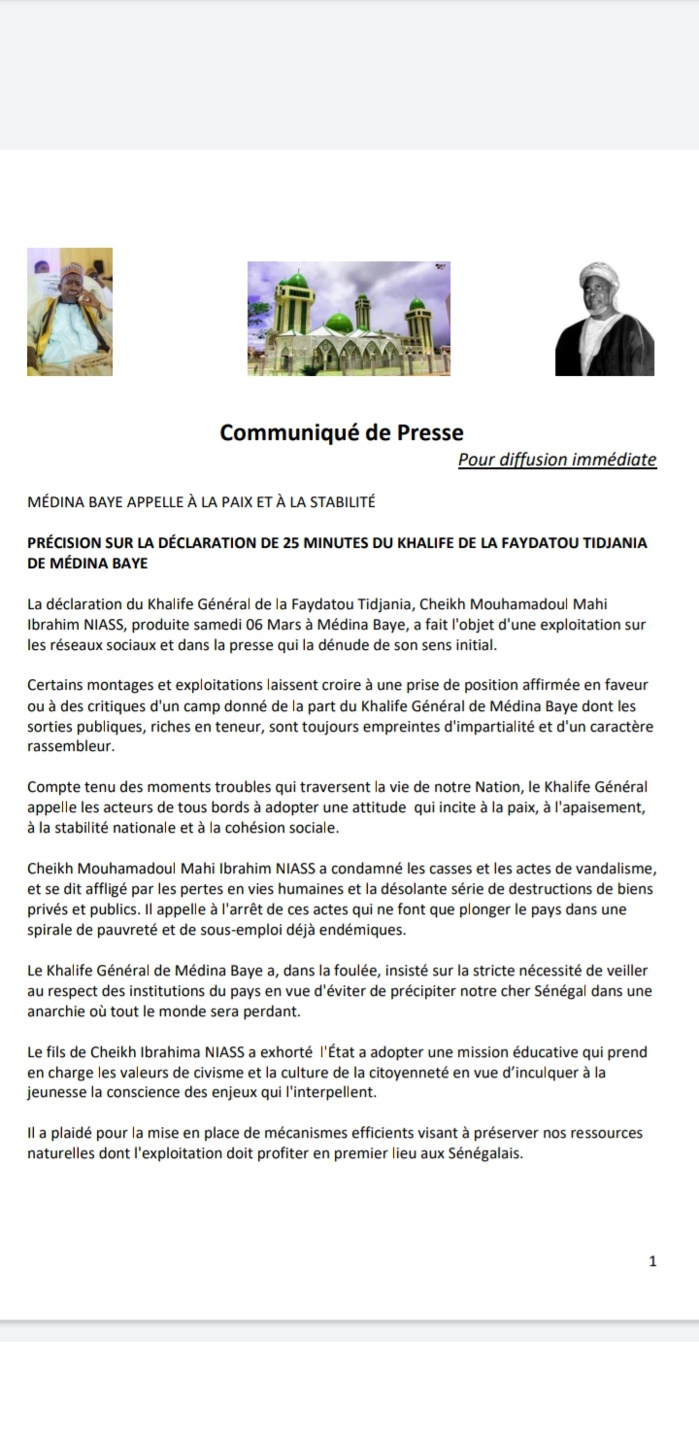 Déclaration du Khalife Serigne Mahi Ibrahim Niass : Les précisions de Médina Baye (Document) Déclaration du Khalife Serigne Mahi Ibrahim Niass : Les précisions de Médina Baye (Document)
