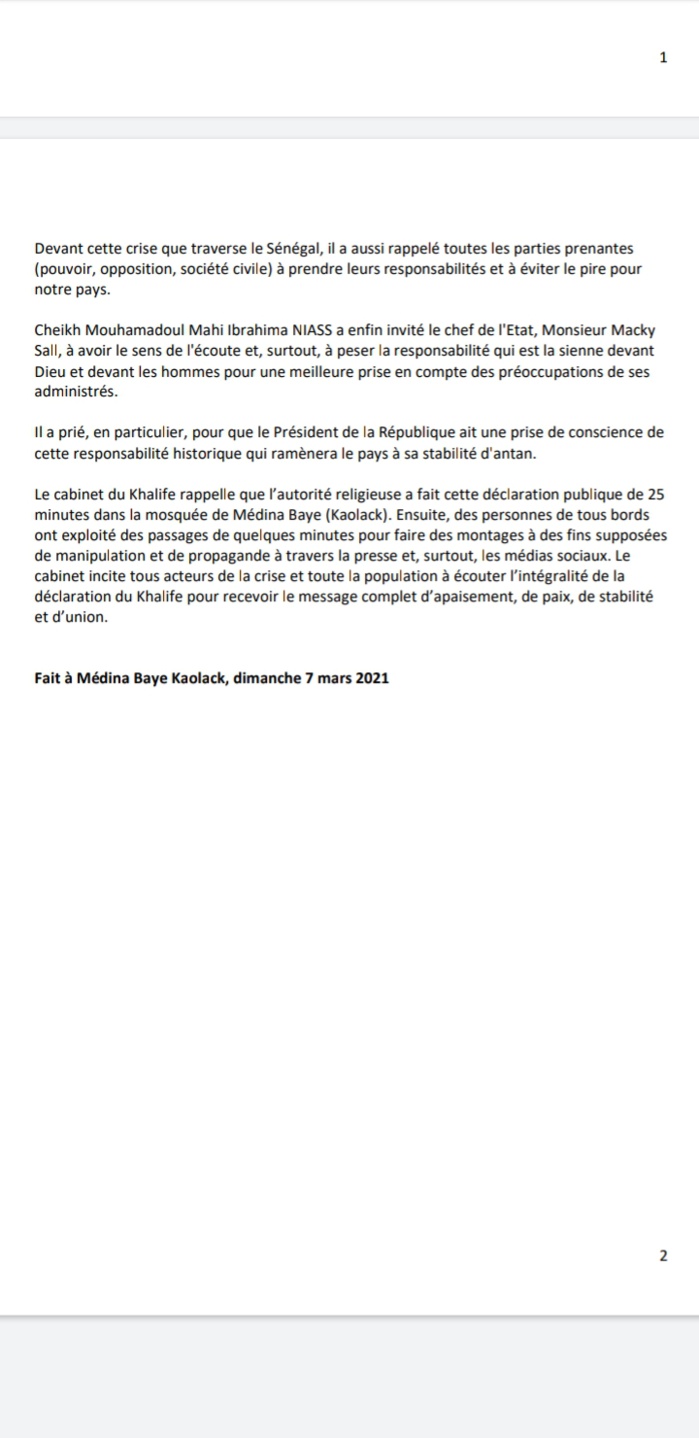 Déclaration du Khalife Serigne Mahi Ibrahim Niass : Les précisions de Médina Baye (Document)