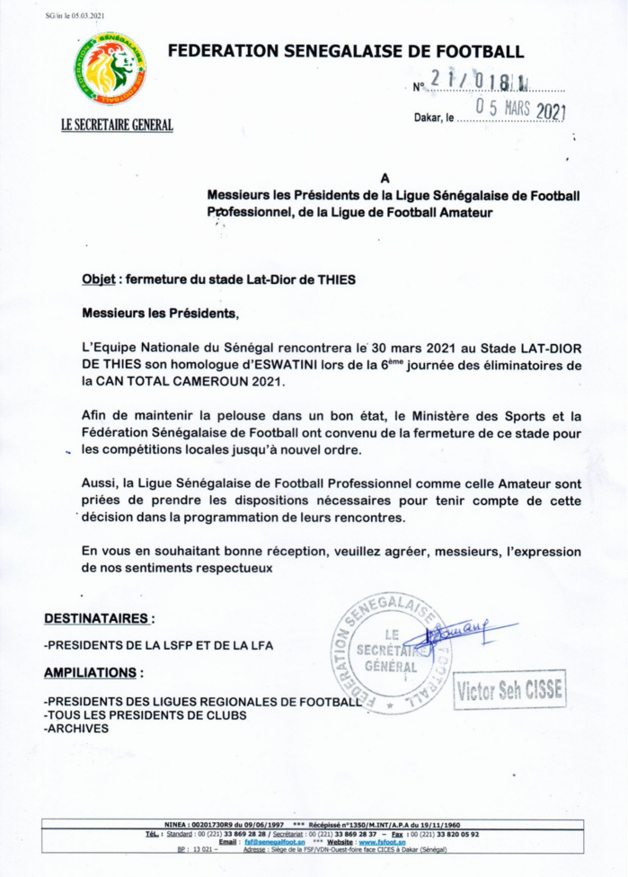 Éliminatoires CAN 2021 / Sénégal - Eswatini : Le stade Lat Dior fermé jusqu'à nouvel ordre pour préserver la pelouse.