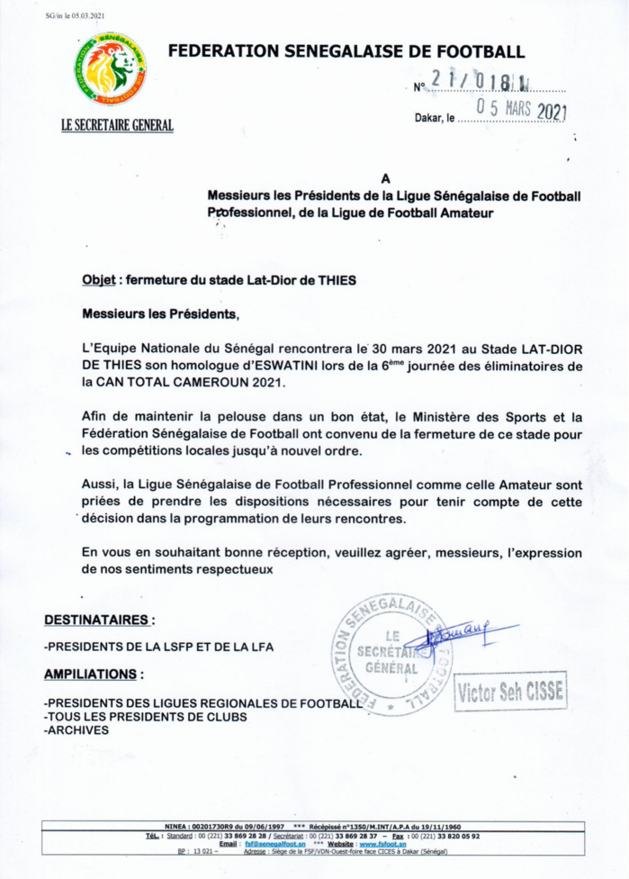 Éliminatoires CAN 2021 / Sénégal - Eswatini : Le stade Lat Dior fermé jusqu'à nouvel ordre pour préserver la pelouse. Éliminatoires CAN 2021 / Sénégal - Eswatini : Le stade Lat Dior fermé jusqu'à nouvel ordre pour préserver la pelouse.