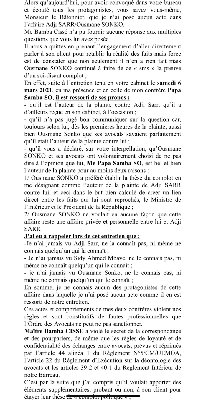 Graves violations du serment de l’avocat : une plainte de Me Dior Diagne brandie contre Mes Bamba Cissé et Papa Samba So et possibles poursuites judiciaires... (DOCUMENT) Graves violations du serment de l’avocat : une plainte de Me Dior Diagne brandie contre Mes Bamba Cissé et Papa Samba So et possibles poursuites judiciaires... (DOCUMENT)