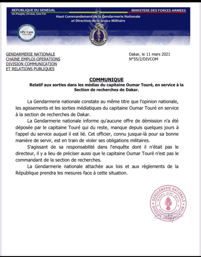 Supposée démission du Capitaine Oumar Touré : Les précisions de la Gendarmerie nationale. (DOCUMENT)