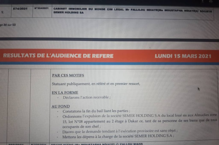 ALMADIES : Le tribunal prononce l’expulsion de Semer Holding, la société de Marcel Diagne. ALMADIES : Le tribunal prononce l’expulsion de Semer Holding, la société de Marcel Diagne.