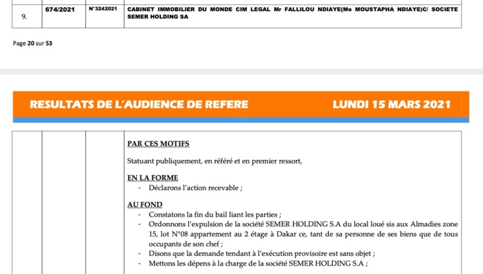 Tentative de déni du prononcé d’expulsion de la Société Semer Holding de ses bureaux aux Almadies : Le mensonge éhonté du Cabinet immobilier « du Monde » commandité par Marcel Diagne.