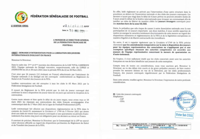 Trêve internationale : La fédération sénégalaise de football demande à celle de France de faciliter la libération des internationaux.