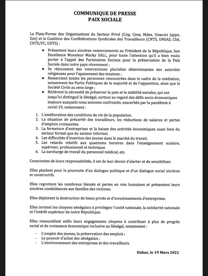 Paix sociale: L'appel du secteur du privé 2 Sénégal : Appel Conjoint des Organisations du Secteur Privé et des Centrales Syndicales des Travailleurs pour la Paix Sociale. (DOCUMENT)