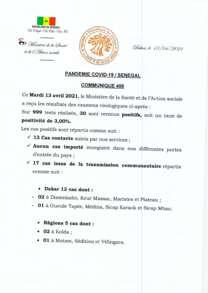 SÉNÉGAL : 30 nouveaux cas testés positifs au coronavirus, 26 nouveaux guéris, 2 nouveaux décès et 14 cas graves en réanimation. SÉNÉGAL : 30 nouveaux cas testés positifs au coronavirus, 26 nouveaux guéris, 2 nouveaux décès et 14 cas graves en réanimation.