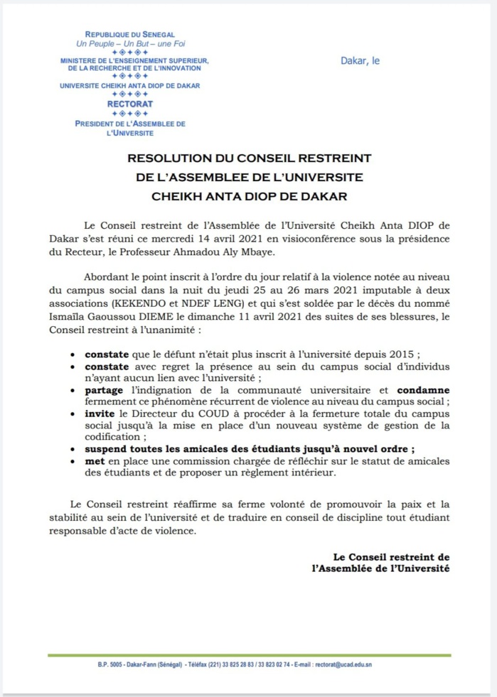 Violence à l’UCAD : Le conseil restreint suspend toutes les amicales et invite le directeur du COUD à fermer le campus jusqu’à nouvel ordre. (DOCUMENT)