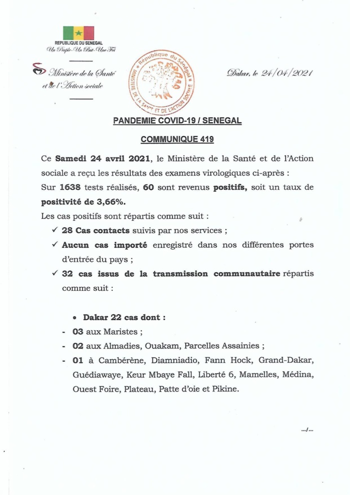 SÉNÉGAL : 60 nouveaux cas testés positifs au coronavirus, 29 nouveaux guéris, 2 nouveaux décès et 9 cas graves en réanimation. SÉNÉGAL : 60 nouveaux cas testés positifs au coronavirus, 29 nouveaux guéris, 2 nouveaux décès et 9 cas graves en réanimation.