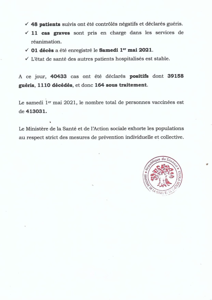 SÉNÉGAL : 45 nouveaux cas testés positifs au coronavirus, 48 nouveaux guéris, 1 nouveau décès et 11 cas graves en réanimation. SÉNÉGAL : 45 nouveaux cas testés positifs au coronavirus, 48 nouveaux guéris, 1 nouveau décès et 11 cas graves en réanimation.