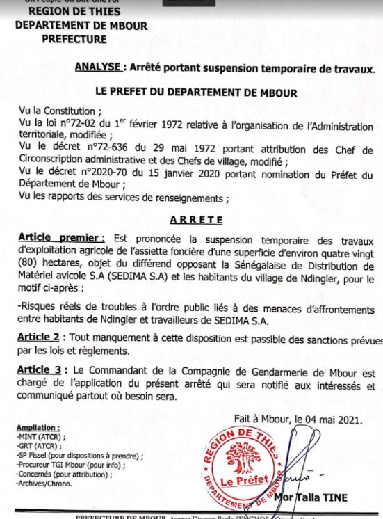 Ndingler : un arrêté suspend temporairement les travaux d'exploitation agricole de l'assiette foncière objet du différend