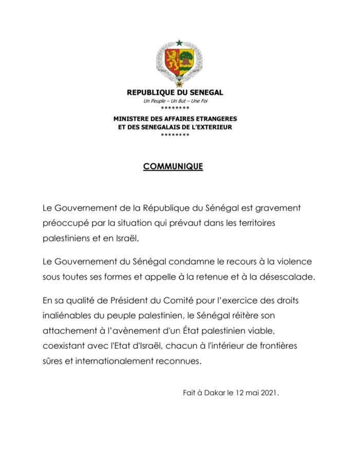 Situation en Palestine: le Gouvernement sénégalais condamne le recours à la violence